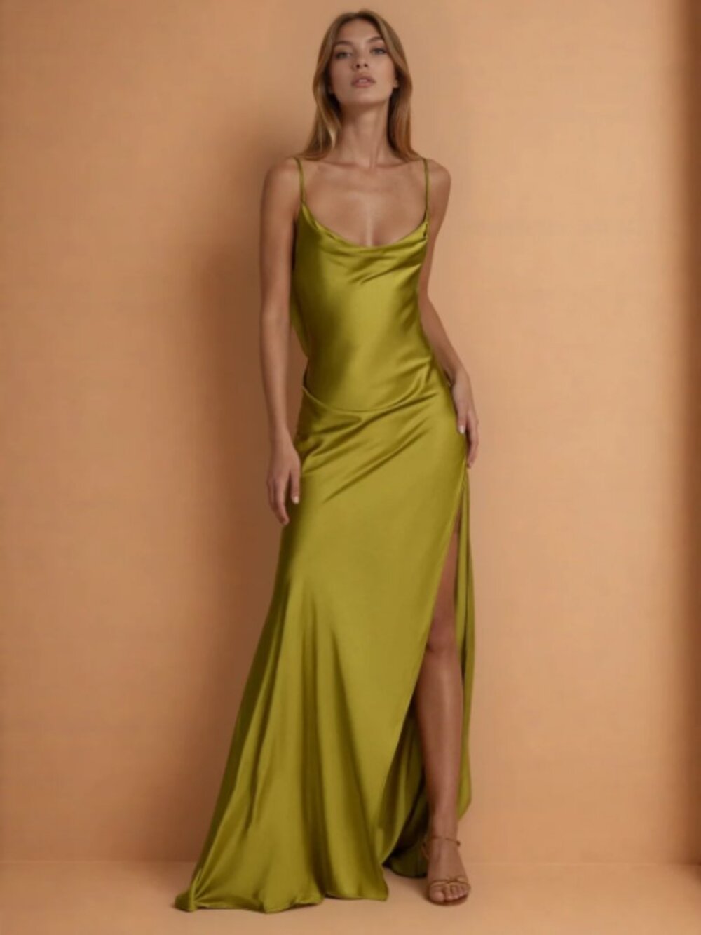 Qiosh Aurelia Chartreuse Green Satin Dress - Size Small
